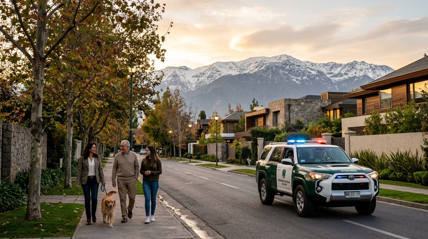 Barrio residencial protegido por seguridad comunal en Chile